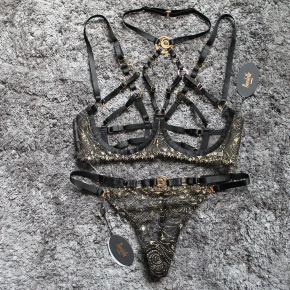 SOLD Bordelle Selene Open Ouvert Wire Bra Thong set Black Gold star embroidery - Picture 2 of 12